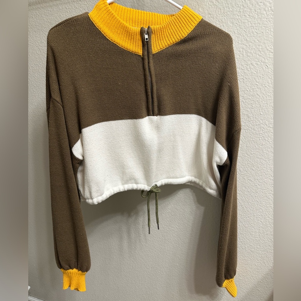 Color Block Cropped Quarter Zip Sweater